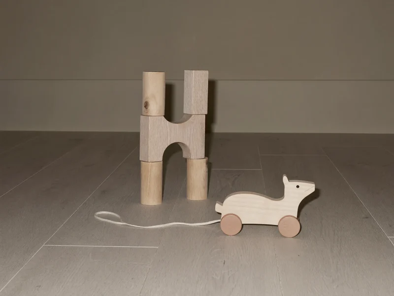 Cubes en bois naturel et animal à tirer sur un parquet clair