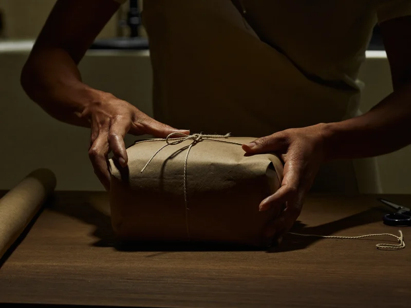 Mains emballant un cadeau dans du papier kraft uni et de la ficelle