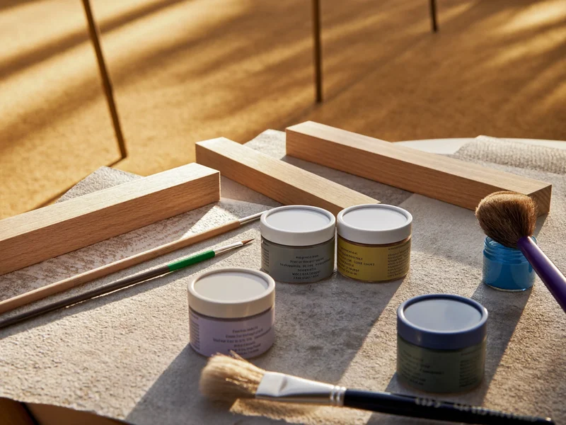 Pièces de hêtre brut, peintures non toxiques et pinceaux dans un atelier