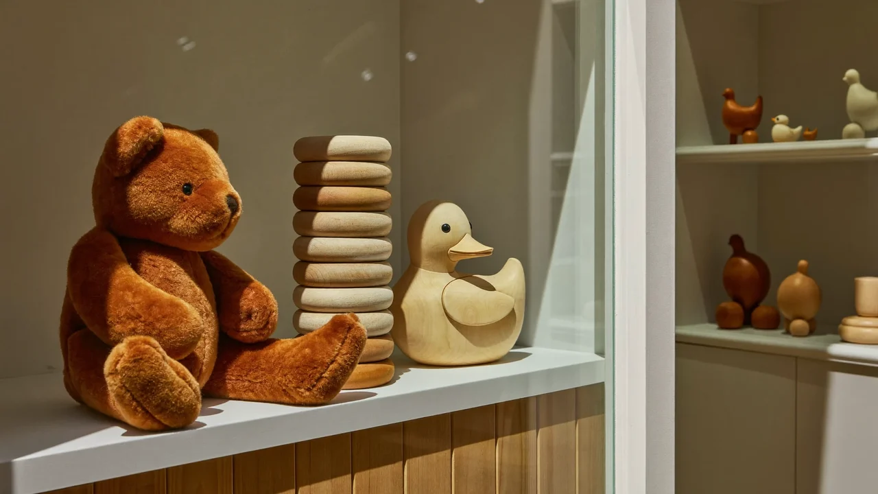Vitrine ensoleillée de boutique avec jouets en bois et peluches arrangés